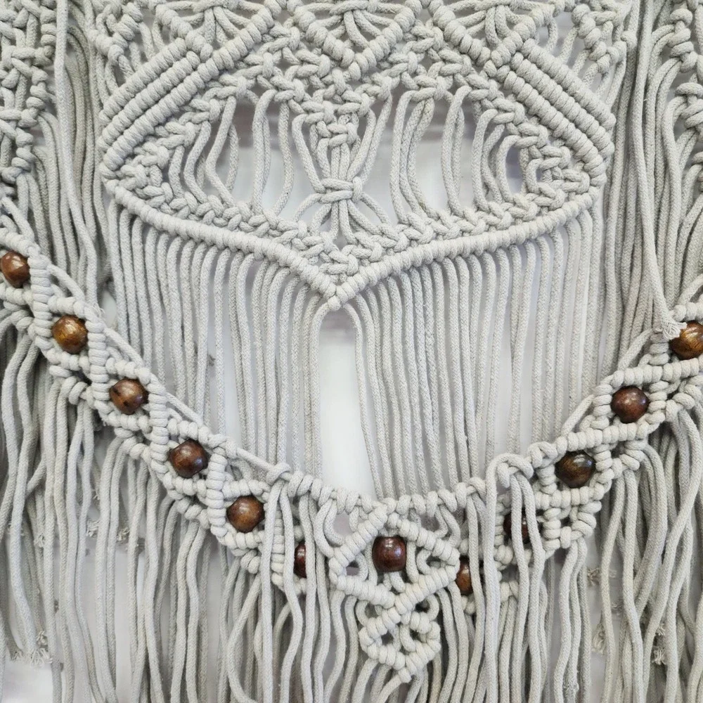 Boho Macrame Wall Hanging Grey Cotton Fringe with Wood Beads and Dowel 31.5x28in